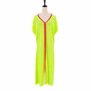 Pitusa OS PETITE Inca Kaftan Neon Green Red Vibrant Coverup Beach Maxi Dress